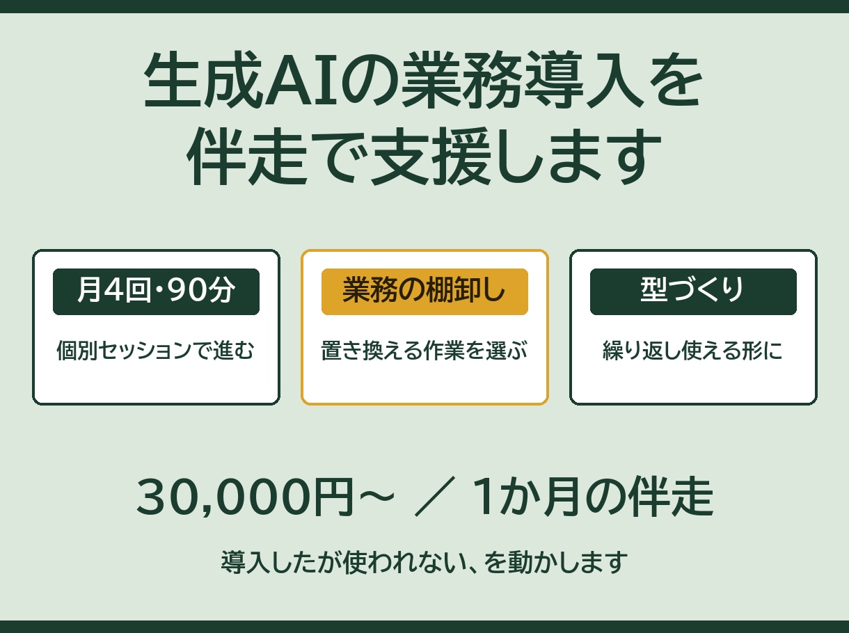 生成AIの業務導入を伴走で支援します 月4回の個別セッションで社内に定着まで イメージ1