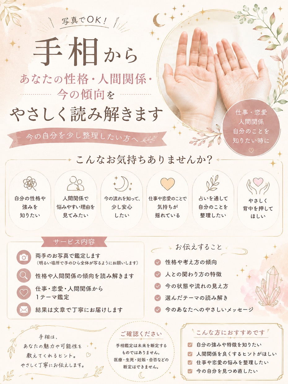 手相からやさしく読み解きます 手相からあなたの性格・人間関係・今の傾向をやさしく読み解く イメージ1