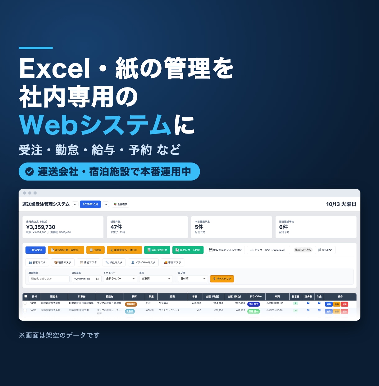 Excel・紙の管理をWebシステムに置き換えます 運送会社・宿泊施設で本番運用中|試作で確認してから納品 イメージ1