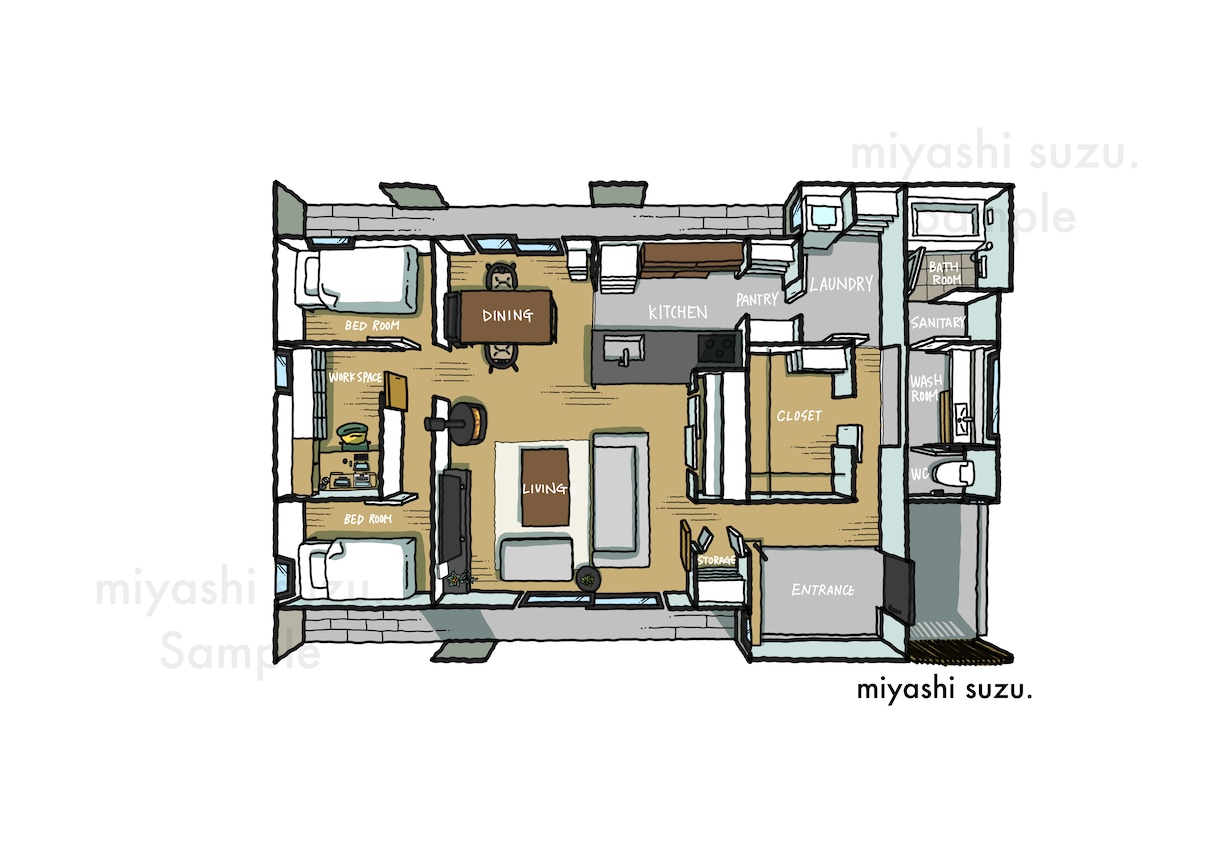 高品質！建築士が間取り図を立体的なイラストにします フルカラーも3色カラーも可！家具もおしゃれに描きます！ イメージ1