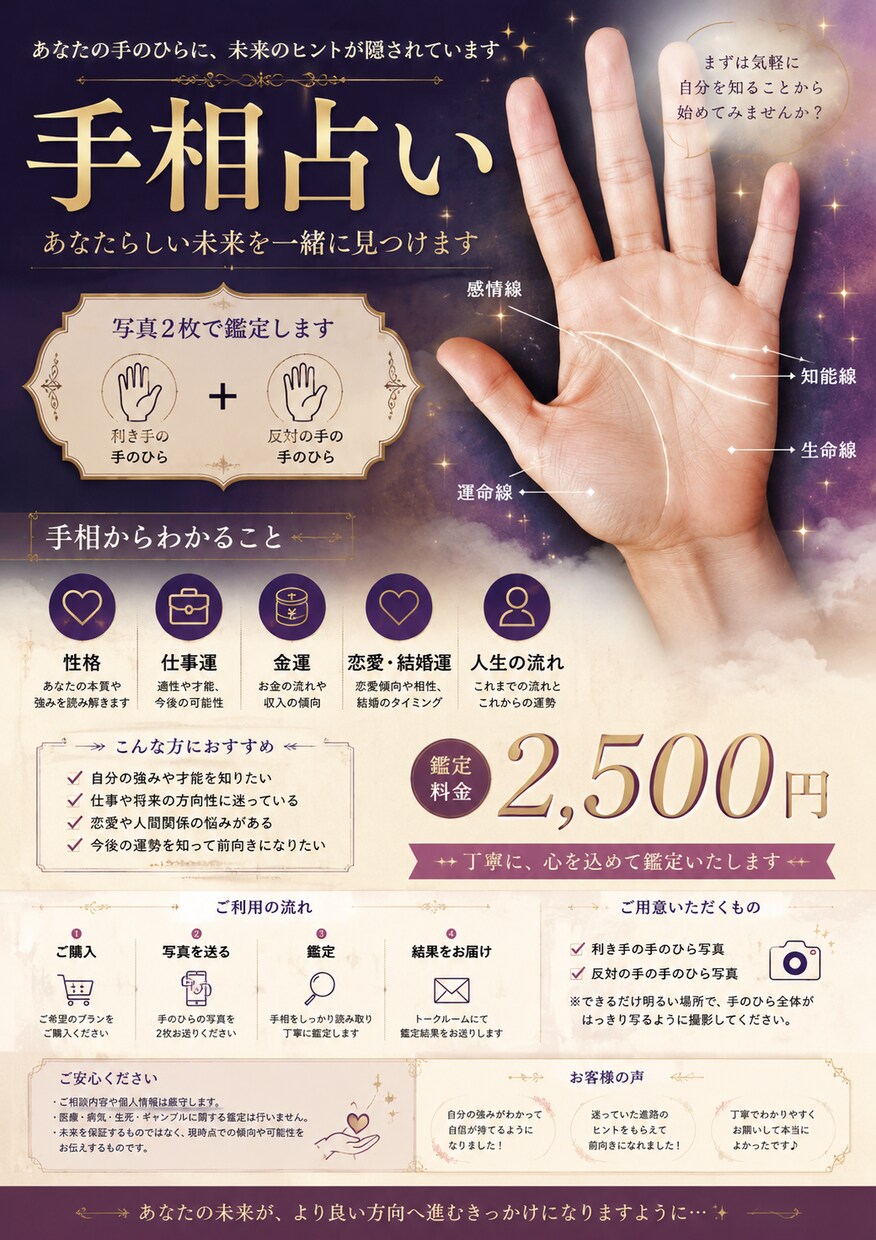 写真2枚で手相鑑定！性格・仕事運・金運を鑑定します 仕事運・金運・恋愛運を丁寧に解説 イメージ1