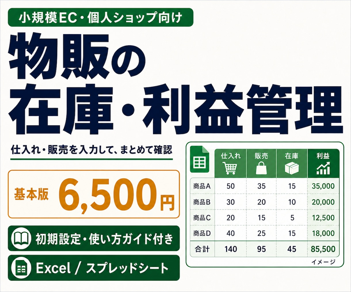 物販の在庫管理・利益管理表をExcelで作ります スプレッドシートも選べる｜基本版6,500円・初期設定付き イメージ1