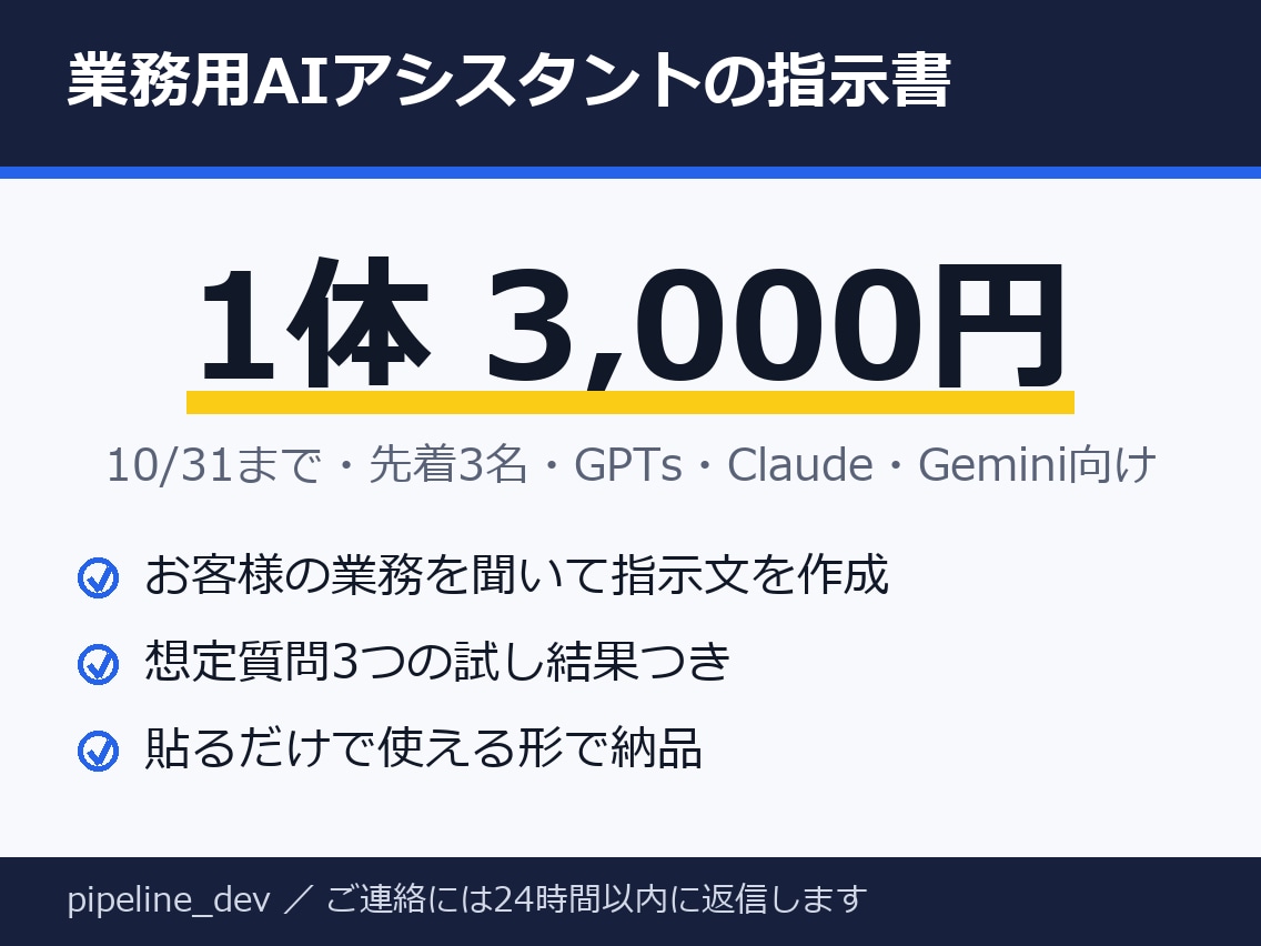 ChatGPT等の業務用AI指示書を作ります 10/31まで・先着3名3,000円・GPTs等の指示書 イメージ1