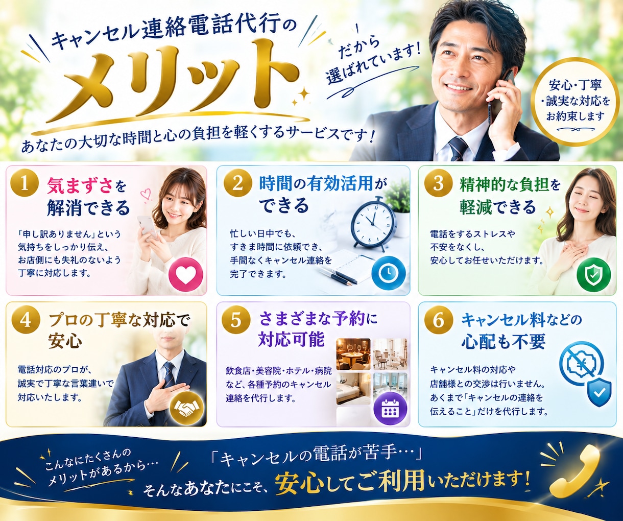経験豊かなミドル男性がキャンセル連絡の代行をします 飲食店|病院|美容院他|電話が苦手な方に代わりご対応致します イメージ3