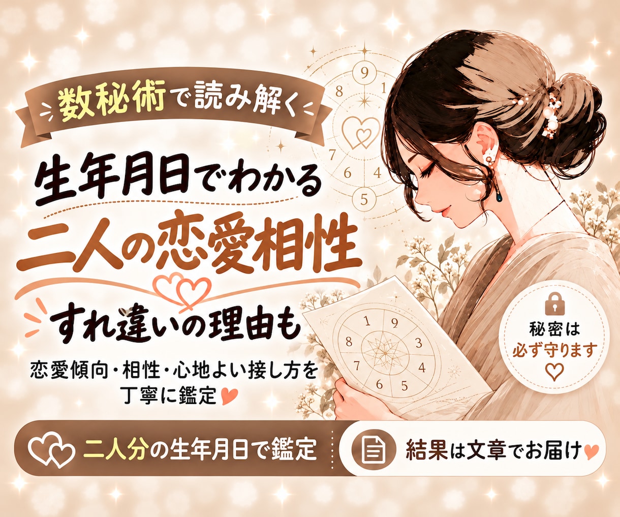 二人の生年月日から恋愛相性とすれ違いを読み解きます 数秘術で恋愛傾向・惹かれ合う理由・心地よい接し方を鑑定 イメージ1