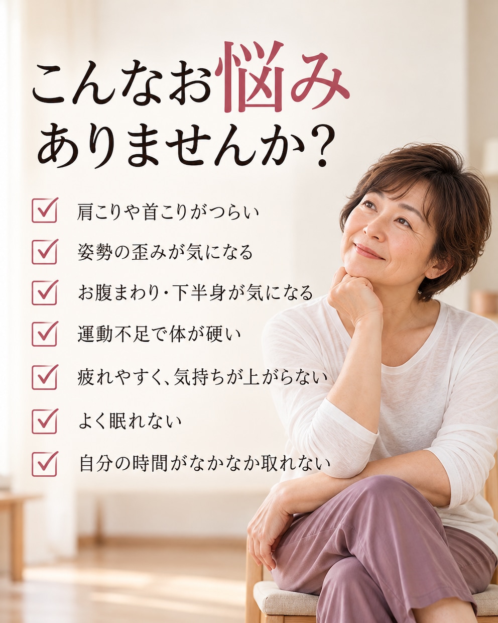５０代〜６０代女性向けの椅子ヨガをします 体をほぐして、心も軽く。自分のための３０分 イメージ2