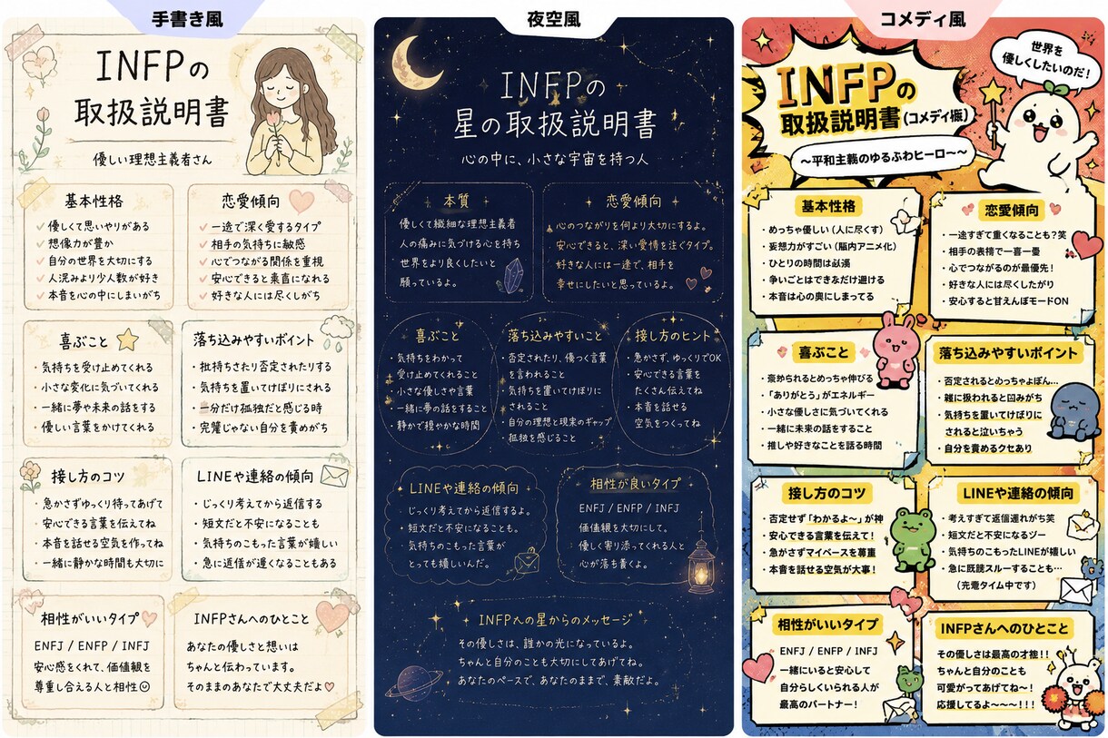 MBTI×恋愛タイプであなたの取扱説明書を作ります 可愛い画像で、自分の魅力・恋愛傾向・接し方をまとめます イメージ2