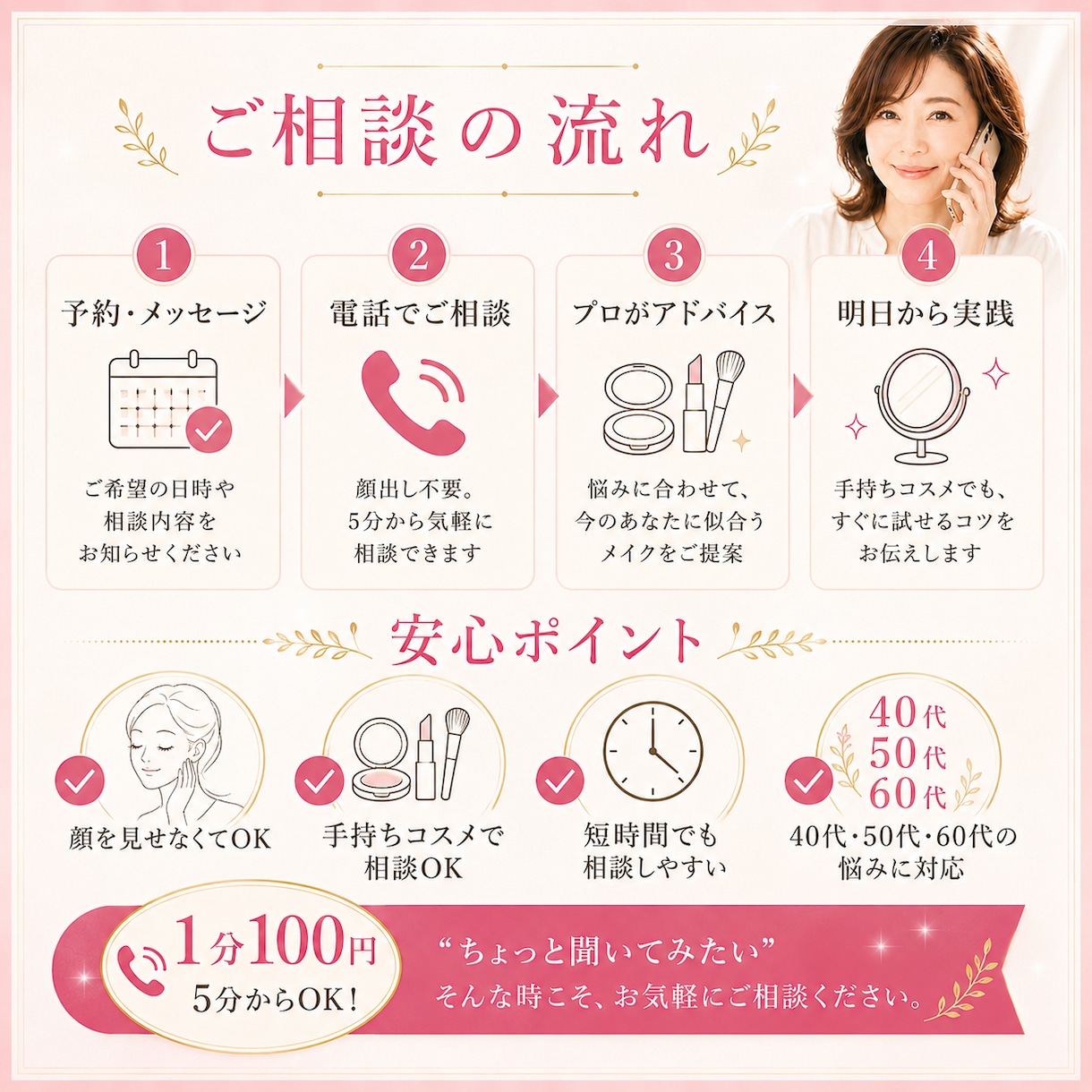 40代からのメイク迷子を電話で解決します 現役講師が似合うメイクを丁寧にアドバイスします イメージ3