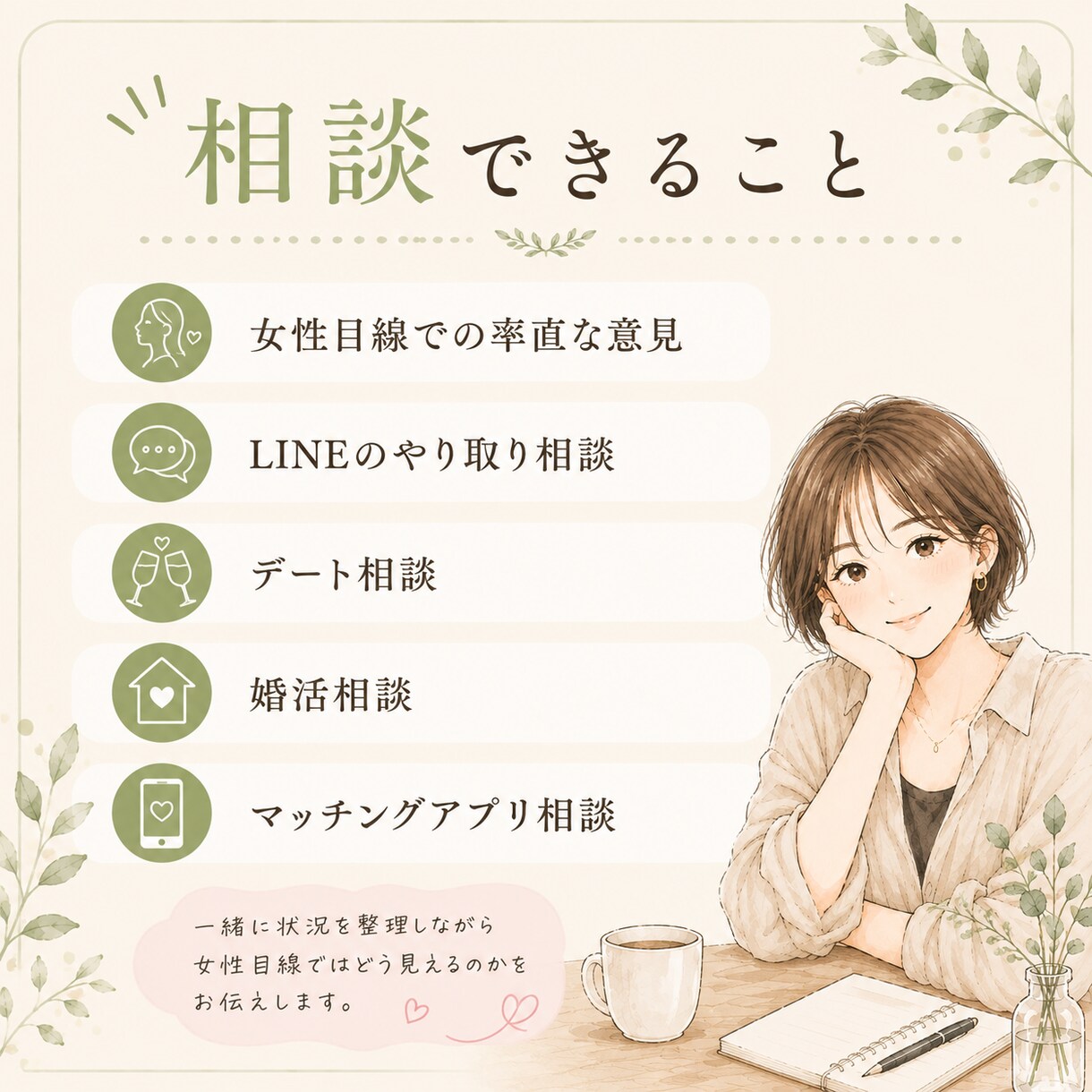 男性向け恋愛相談／チャットでご相談のります 女心に悩む男性へ。女性目線で本音をお伝えします イメージ3