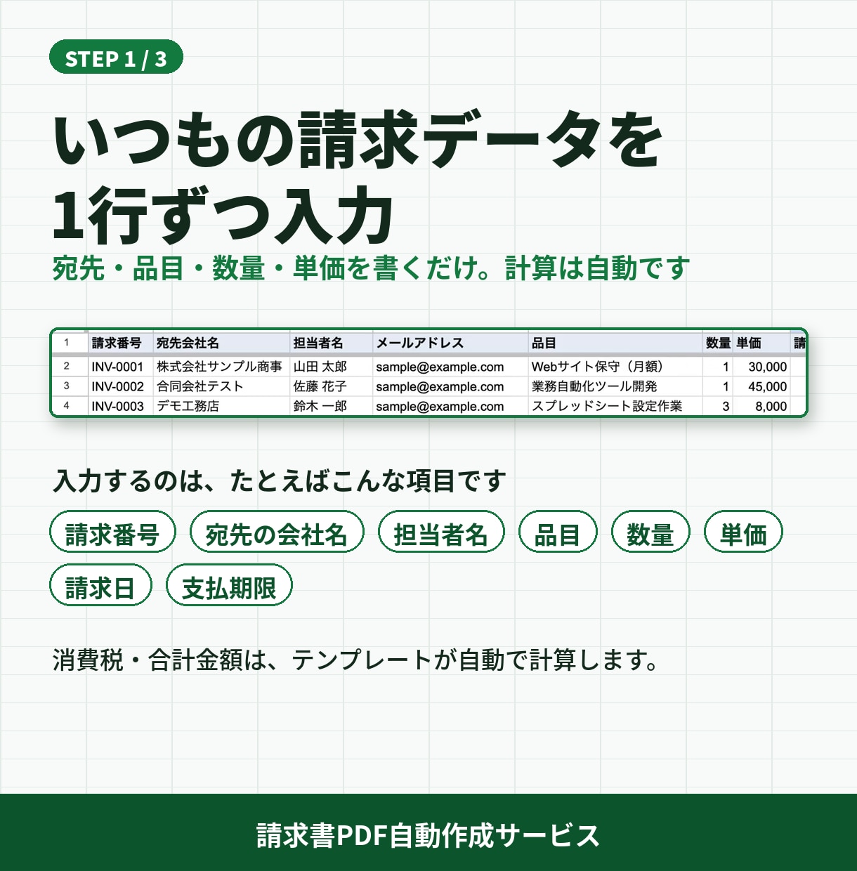スプレッドシートから請求書PDFを自動作成します ボタン1つで請求書PDFが完成。手順書つきで安心 イメージ2