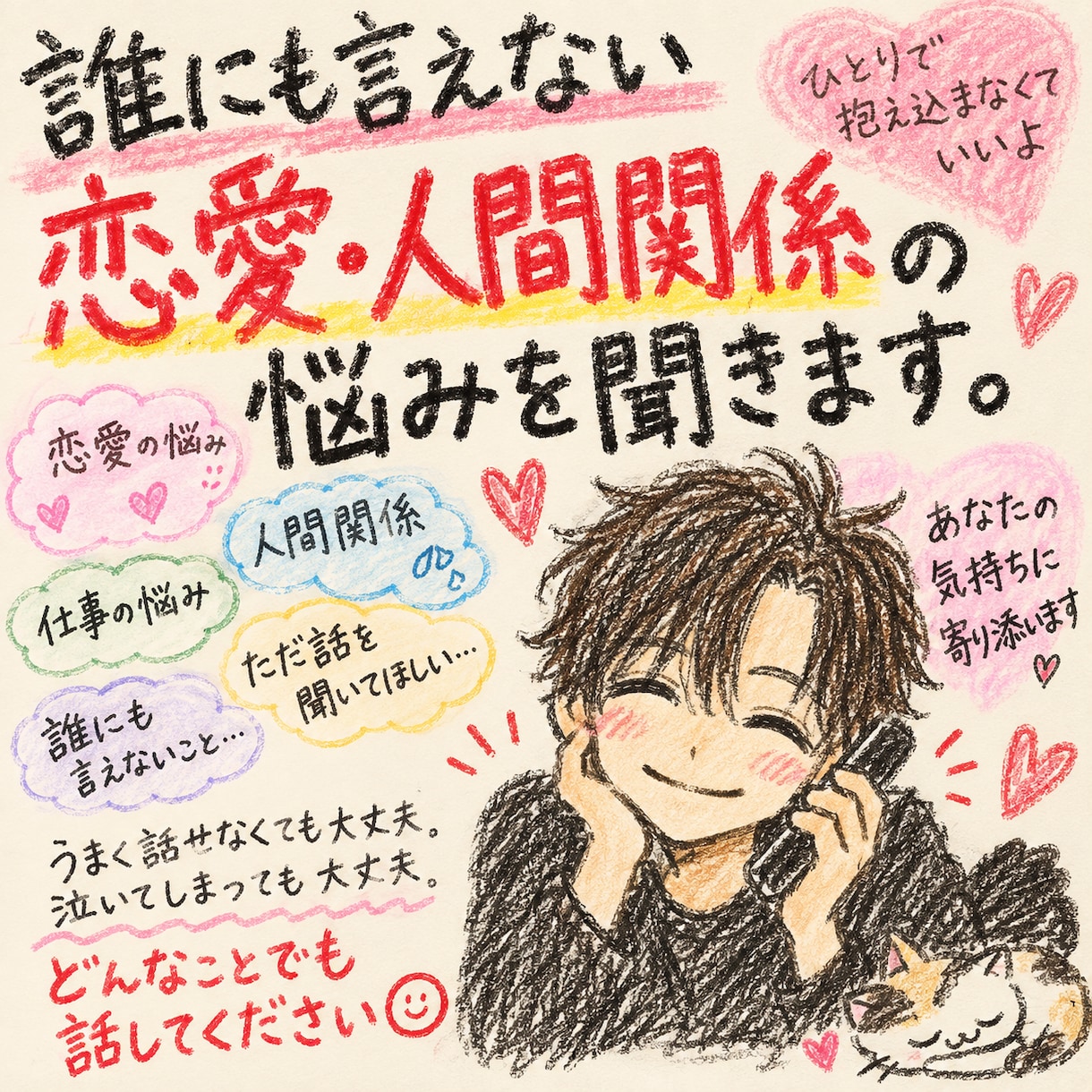 誰にも言えない恋愛・人間関係の悩みを聞きます 誰にも言えないこと、ここでは全部話して大丈夫。 イメージ1