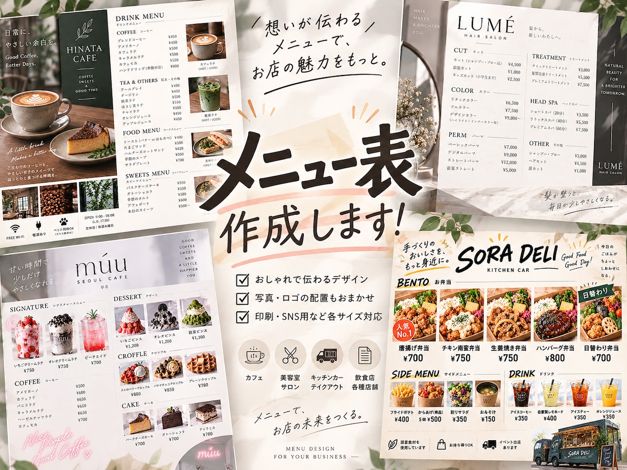 おしゃれなメニュー表・料金表をデザインします 格安で見やすくおしゃれなメニュー表をデザインします イメージ1