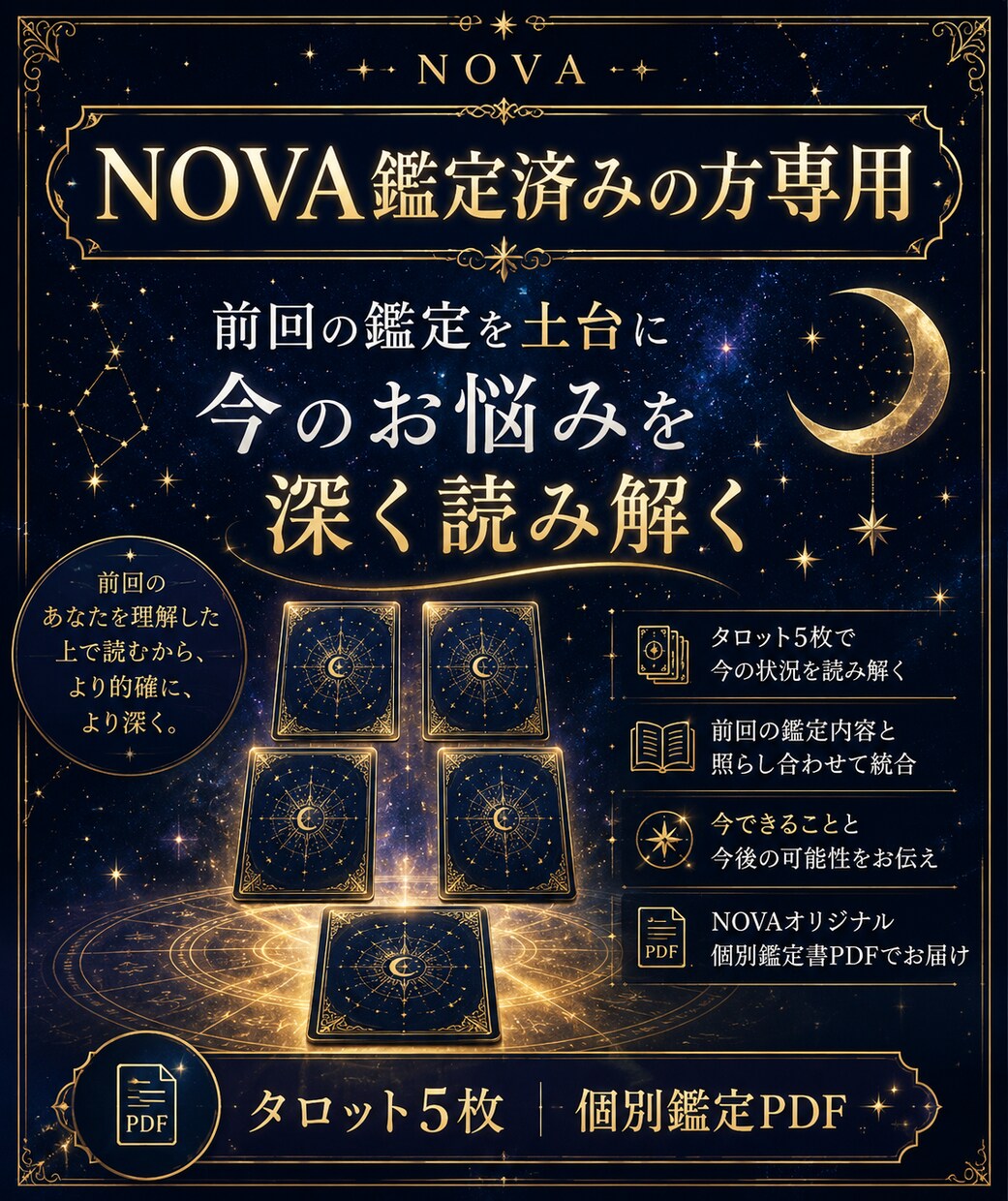 NOVA鑑定済みの方のお悩みを深く読み解きます 前回の鑑定を土台に、タロット5枚で今のお悩みを個別鑑定 イメージ1