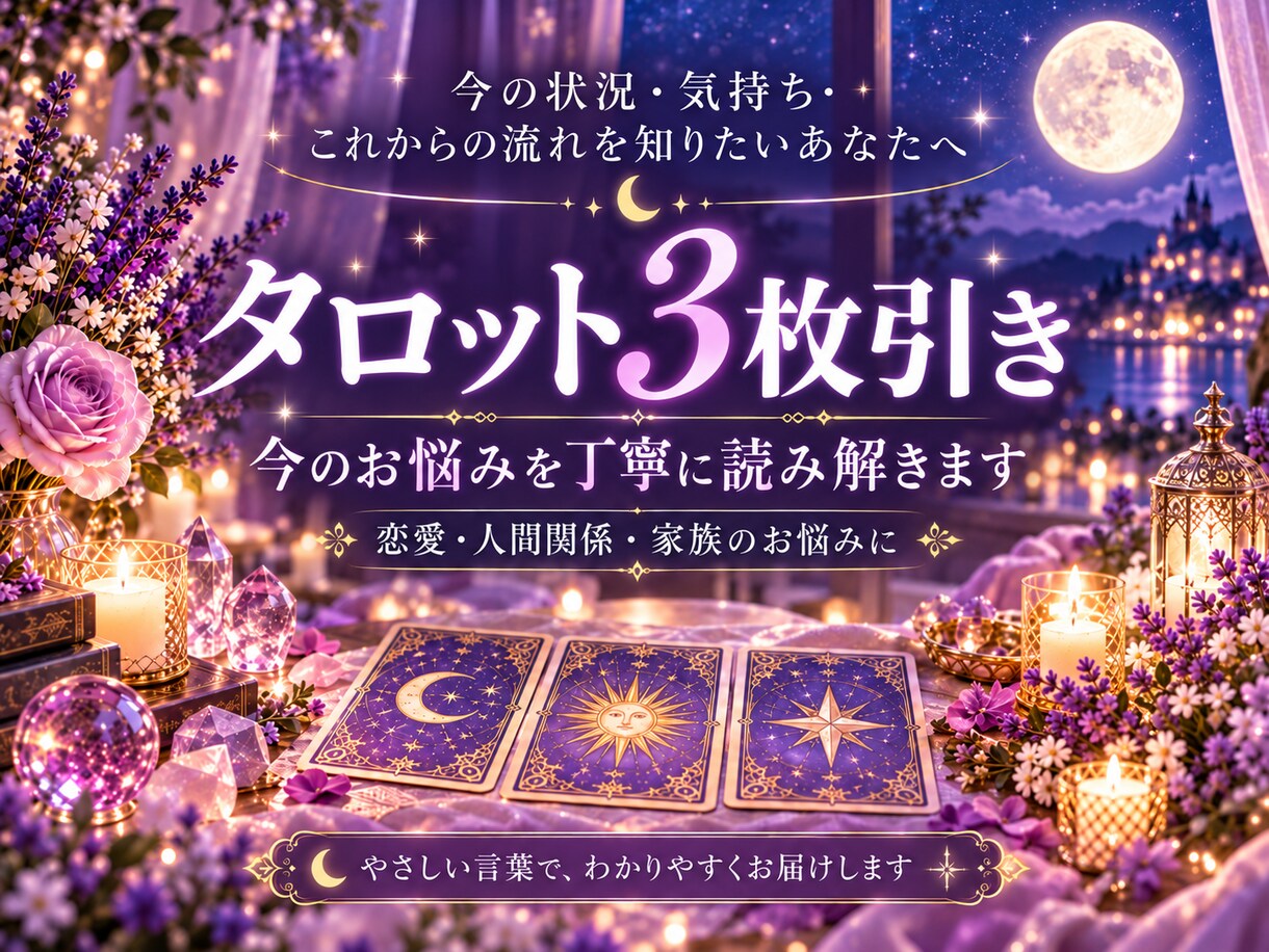 ひとつのお悩みをタロット3枚で丁寧に読み解きます 今の状況・相手の気持ち・これからの流れをやさしく整理します イメージ1