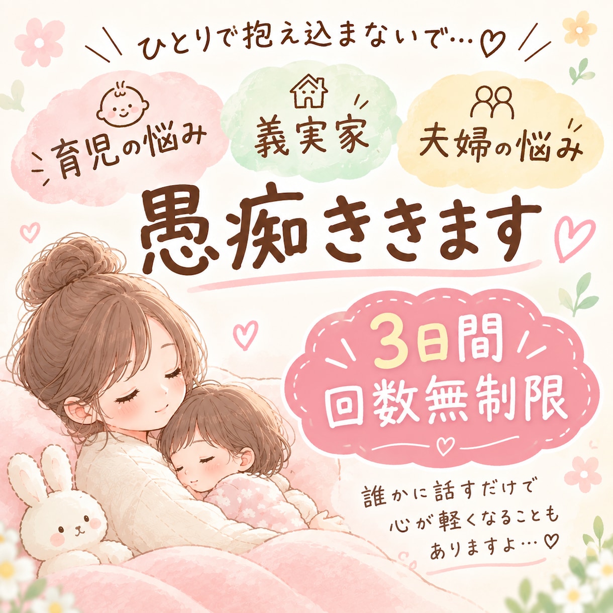 期間限定価格！元保育士ママが不安や愚痴お聞きします 育児家事夫婦義実家のこと！愚痴や相談、なんでも聞きますʚ♡ɞ イメージ1