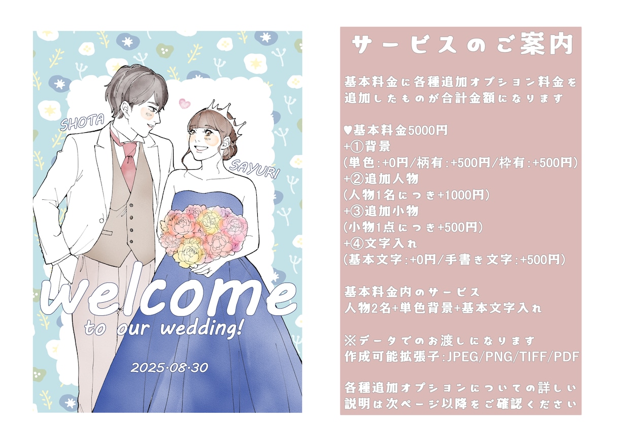 結婚式のウェルカムボードのイラストを作成します 結婚式に使用できるオリジナルのイラストデータを作成します イメージ2