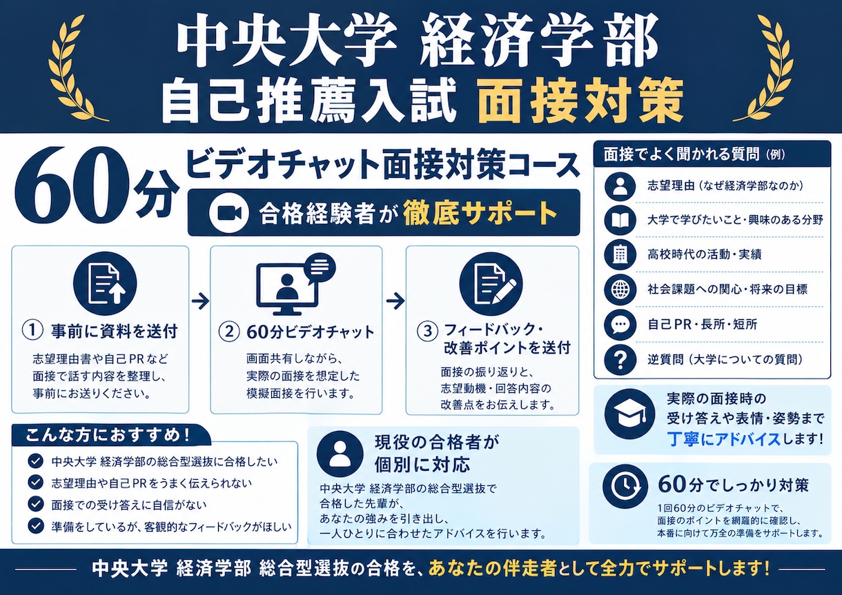 中央大学経済学部の推薦入試面接対策します 現役合格者が模擬面接形式でその場で指導 イメージ1