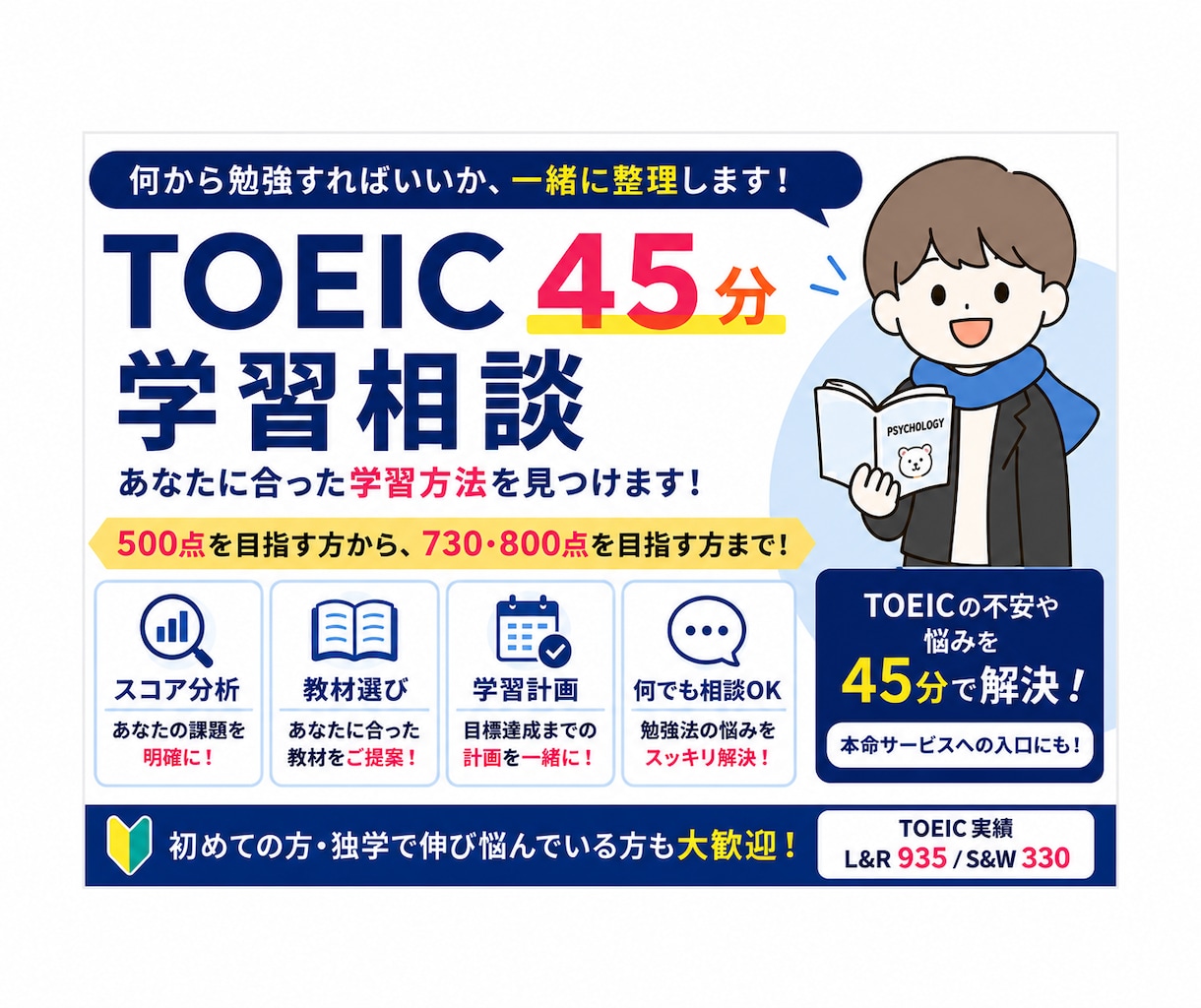 TOEICの勉強法・教材選びを50分で相談できます 「何を勉強すればいい？」を50分で整理します。 イメージ1