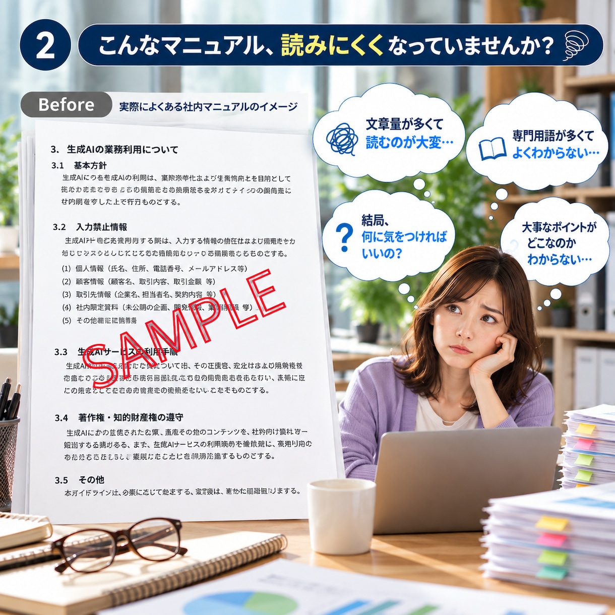 複雑な情報を整理し、わかり易いマニュアルを作ります 専門的な内容や長い文章を、初めての方にも伝わる資料にします イメージ2