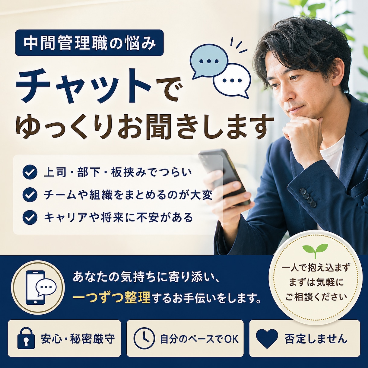 中間管理職の悩み、チャットでゆっくりお聞きします 目標管理や組織運営等や部下育成等について整理してみませんか？ イメージ1