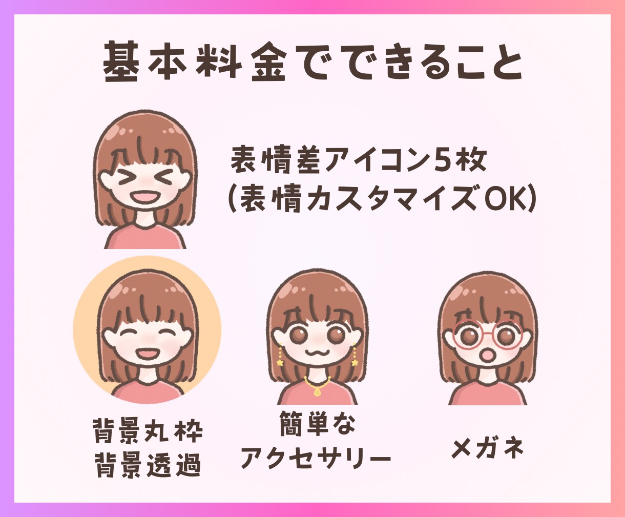 SNSに使える！表情差アイコン5枚セット描きます ブログやインスタでの発信に使える似顔絵アイコンを作成します！ イメージ3