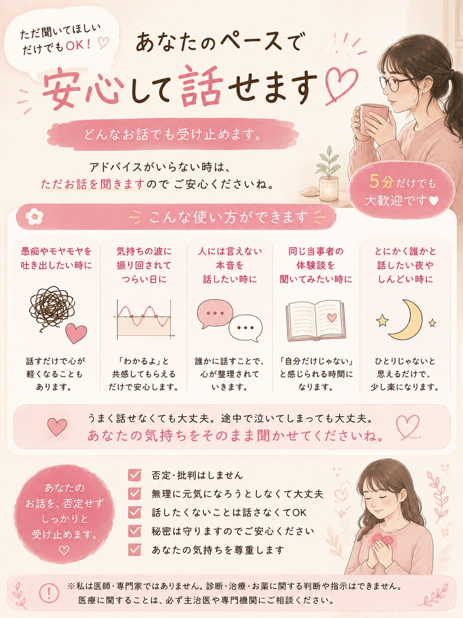 躁鬱のつらさ、同じ当事者としてお話聞きます 元気な時も落ちる時も。説明しなくてもわかる相手に話しませんか イメージ4