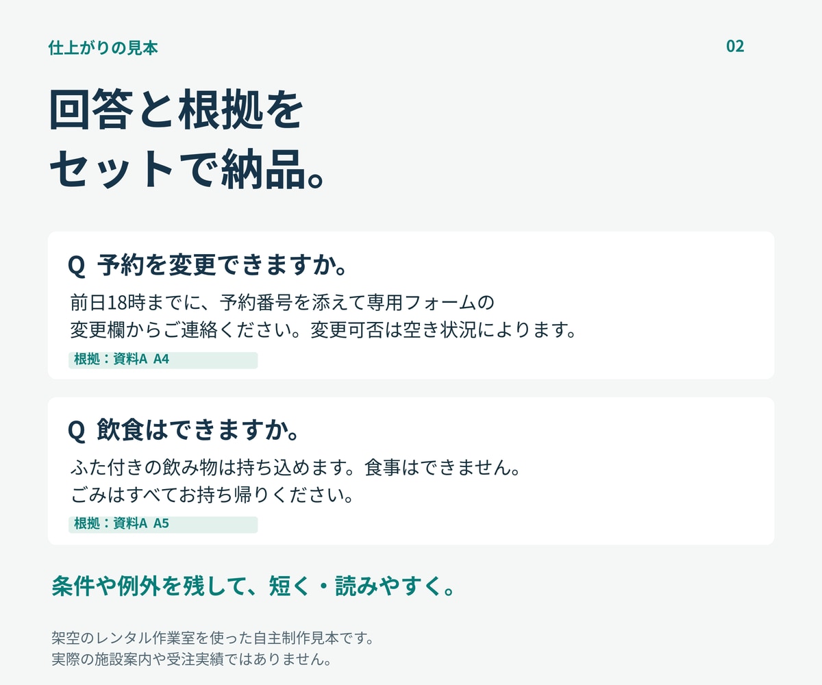 資料をもとに根拠の追えるFAQを作ります よくある質問10問と回答・参照表・確認事項をまとめて納品 イメージ2