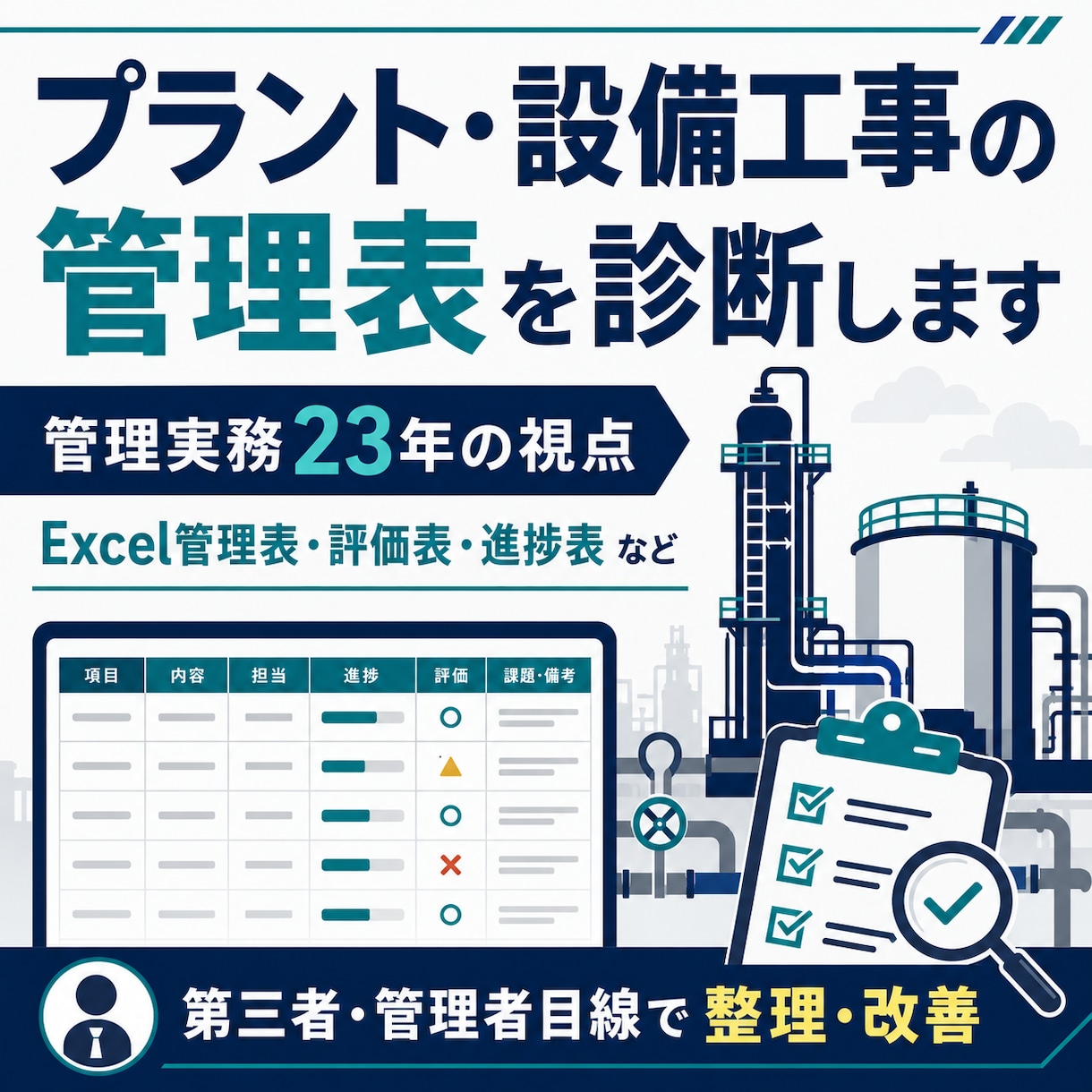 プラント・設備工事の管理表を診断します 管理実務23年の視点で使いやすい資料へ改善 イメージ1