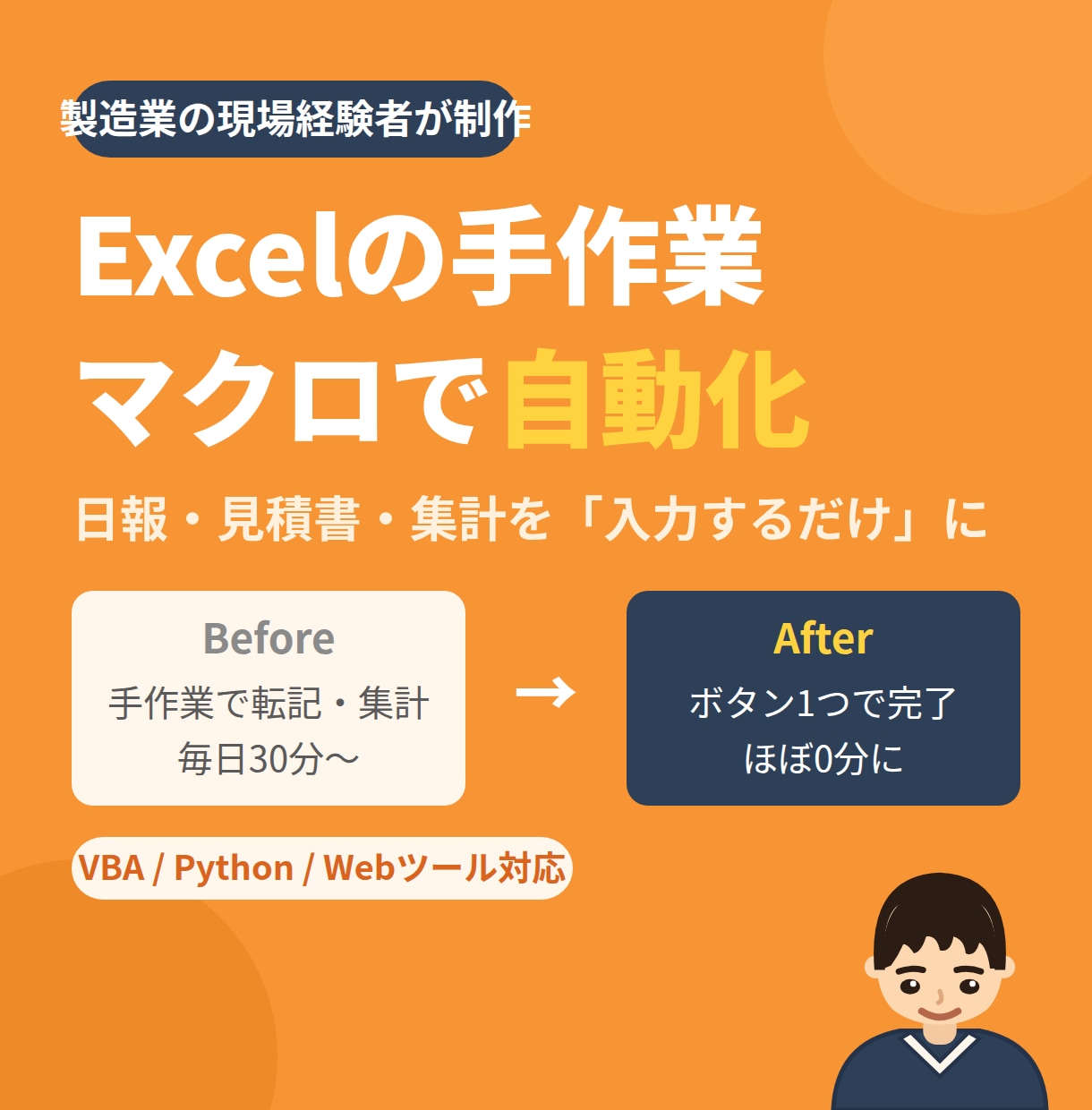 Excelの手作業をマクロで自動化します 日報・見積書・集計を「入力するだけ」に変えます イメージ1