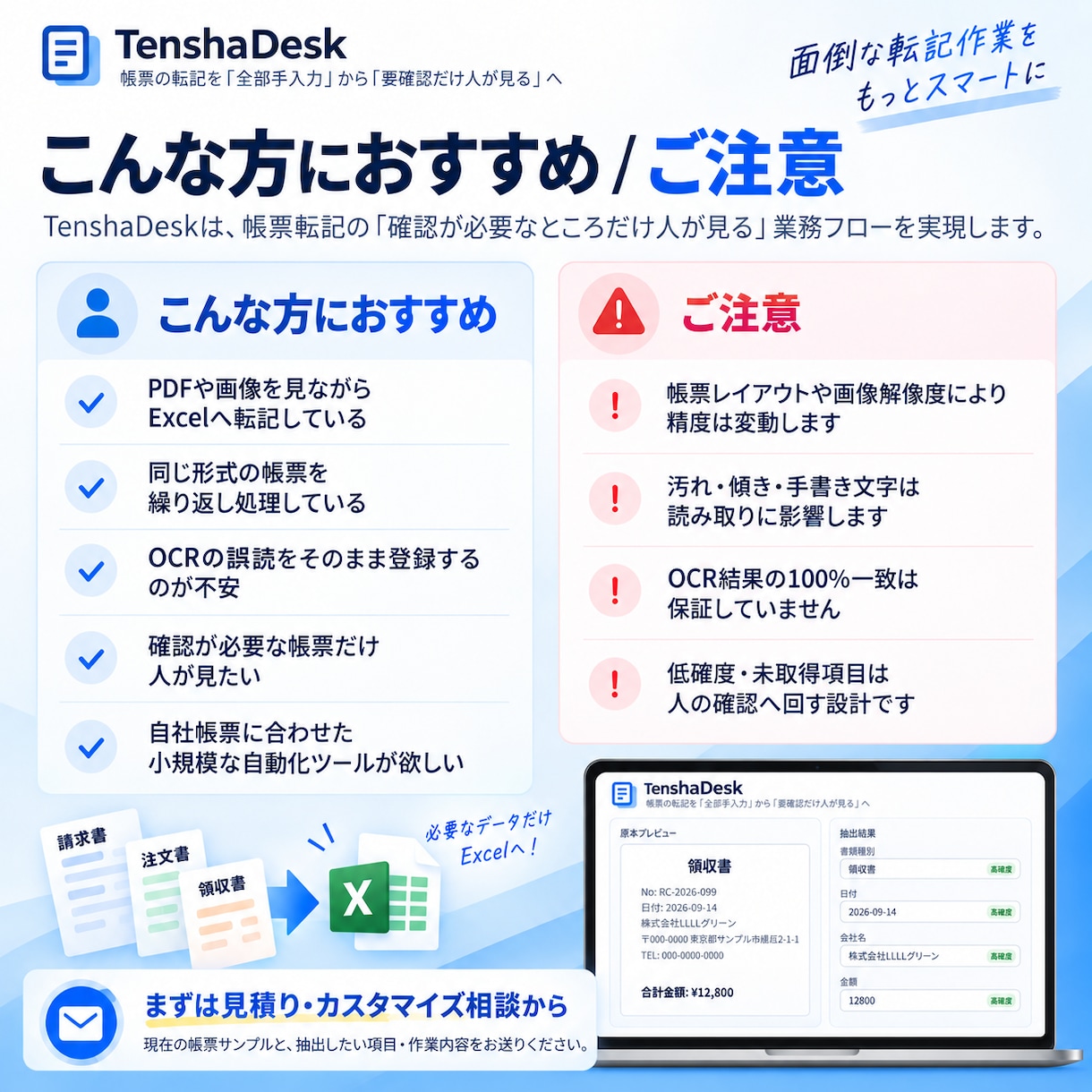 PDF・画像の帳票転記を半自動化します 低確度だけ人が確認。確定データだけExcelへ イメージ4