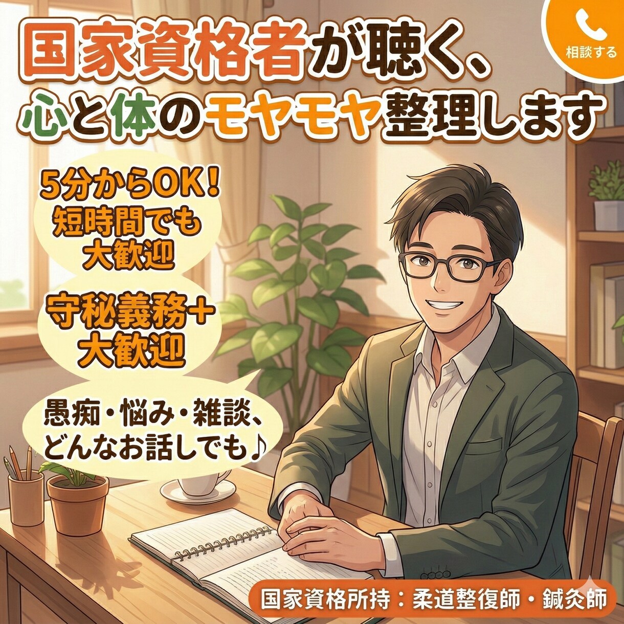 国家資格者が聴く思考と体調を整える本音お聴きします 医療従事者の守秘義務で安心。絡まった思考や愚痴を整理します。 イメージ1