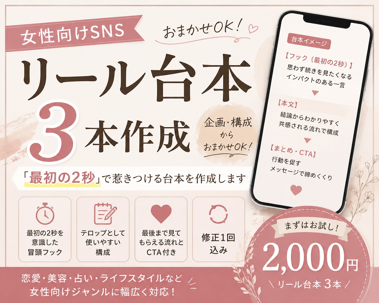 女性向けSNSのリール台本を3本作ります 最初の2秒で惹きつけるショート動画台本を作成します イメージ1