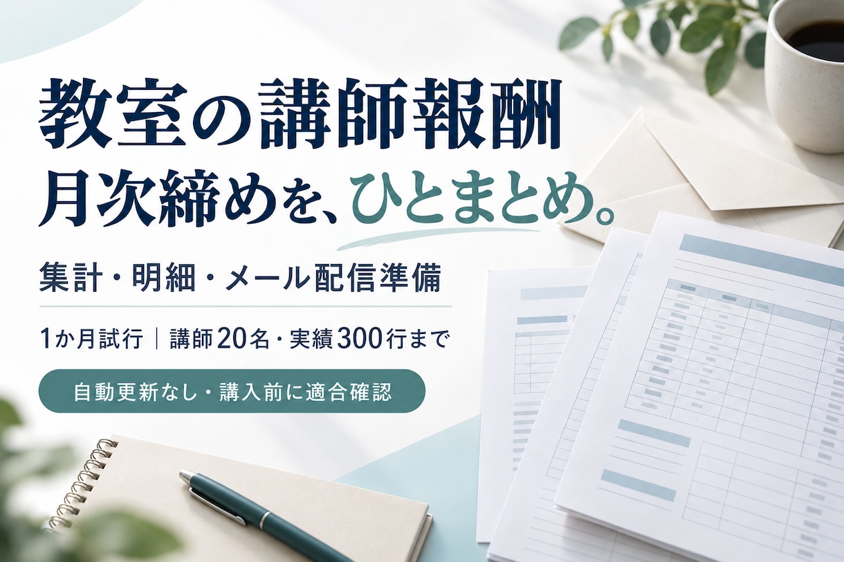 教室の講師報酬を集計し明細・配信準備をまとめます 月次締め1回の試行／講師20名・実績300行まで イメージ1