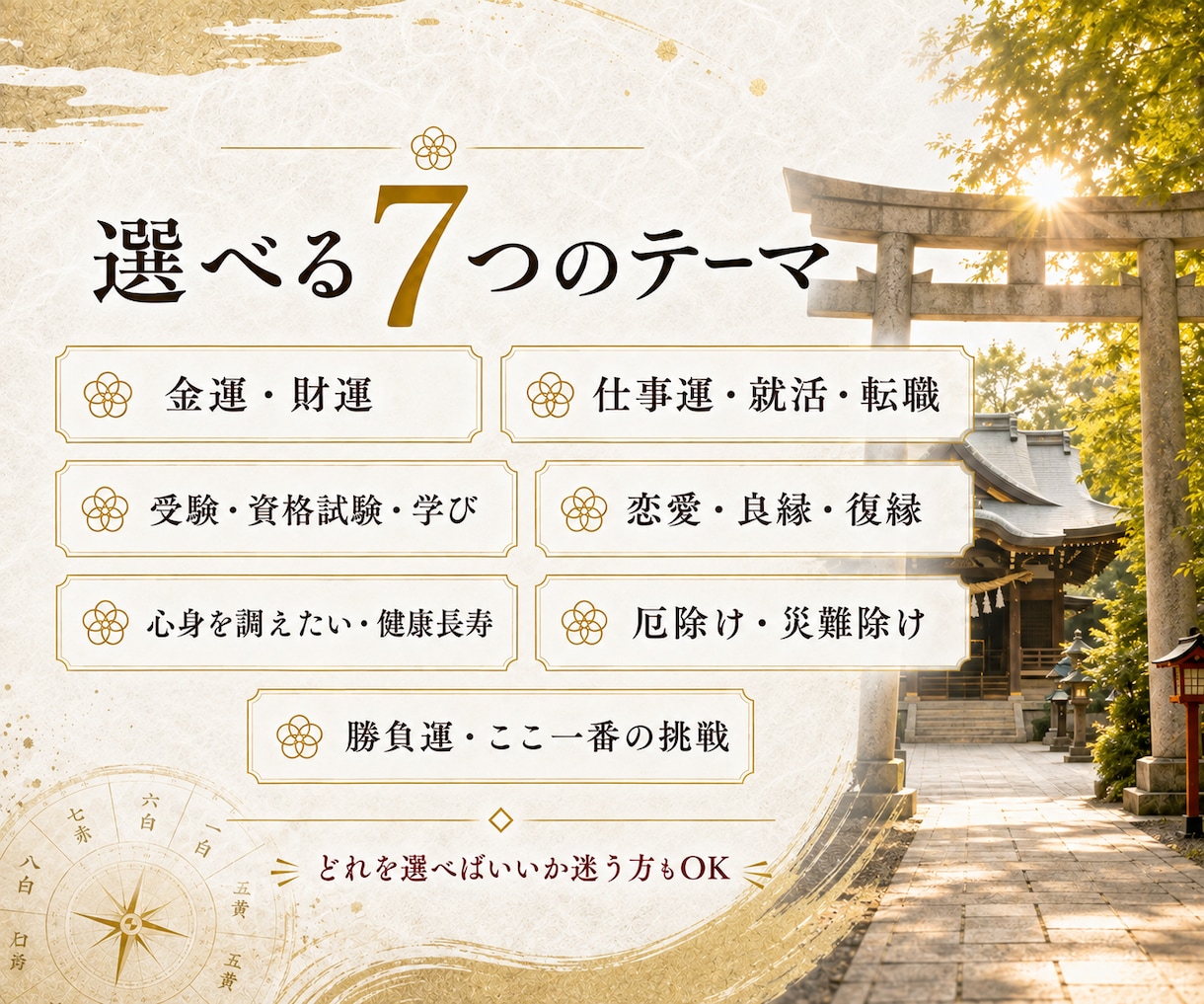 九星気学で吉方位と神社3選示します 願いのテーマに迷う方へ｜7テーマから選べる運活ガイド イメージ2
