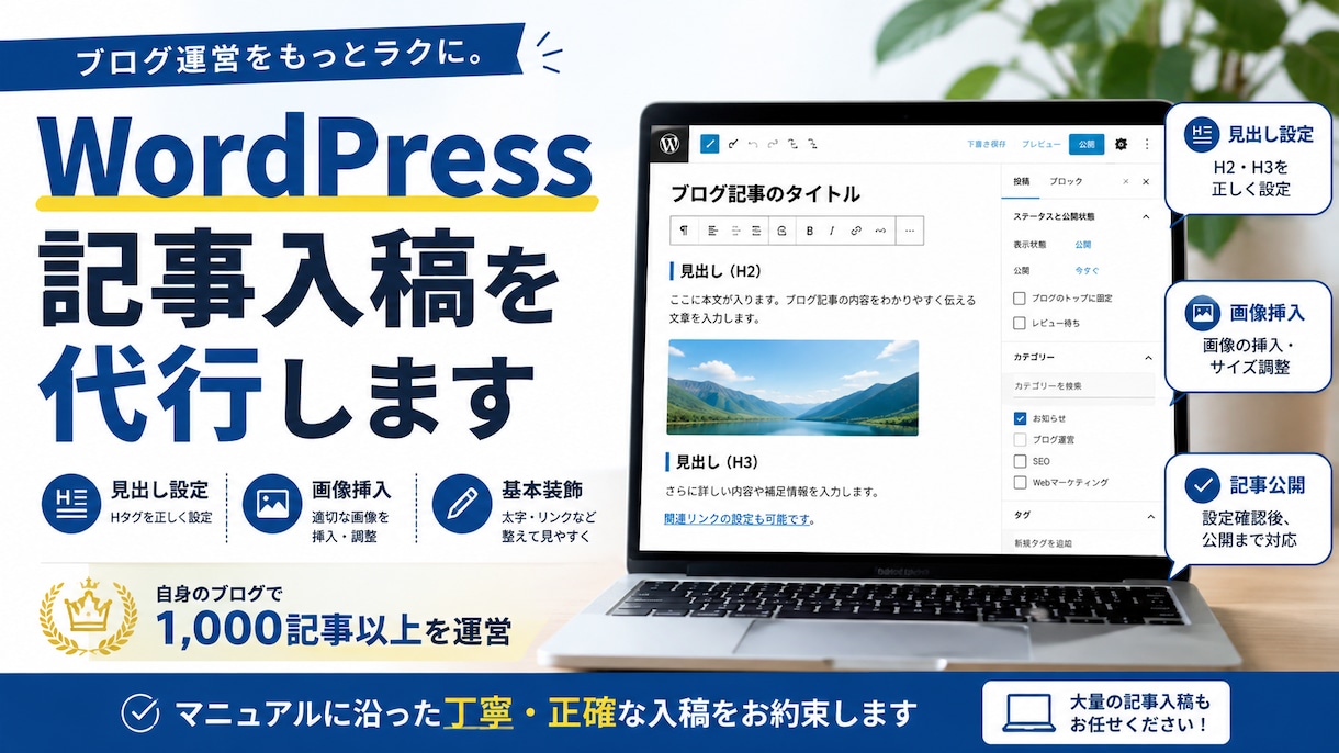 WordPressの記事入稿・画像挿入を代行します 記事の入稿から見出し設定・画像挿入まで、ブログ運営をサポート イメージ1