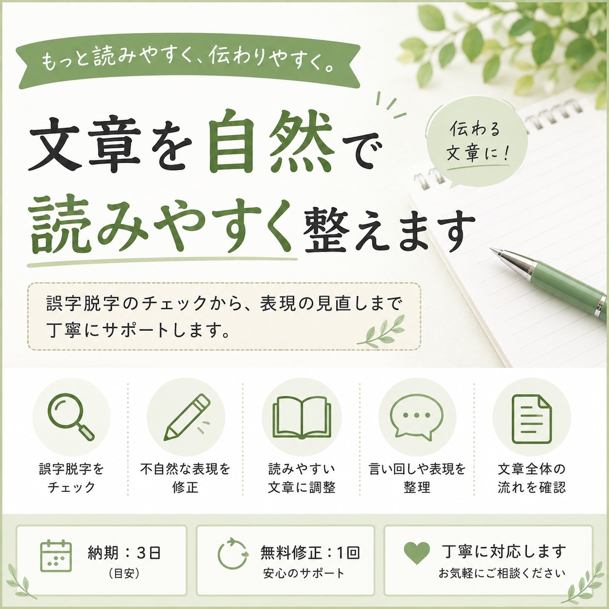 文章を自然で読みやすく整えます 誤字脱字や不自然な表現を丁寧に整えます イメージ1