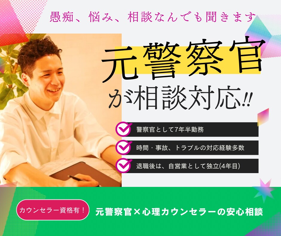 1分〜OK!元警察官が丁寧に話をお伺いします 愚痴、悩み、相談。どんな話でもOK！些細な話も聞きます。 イメージ2