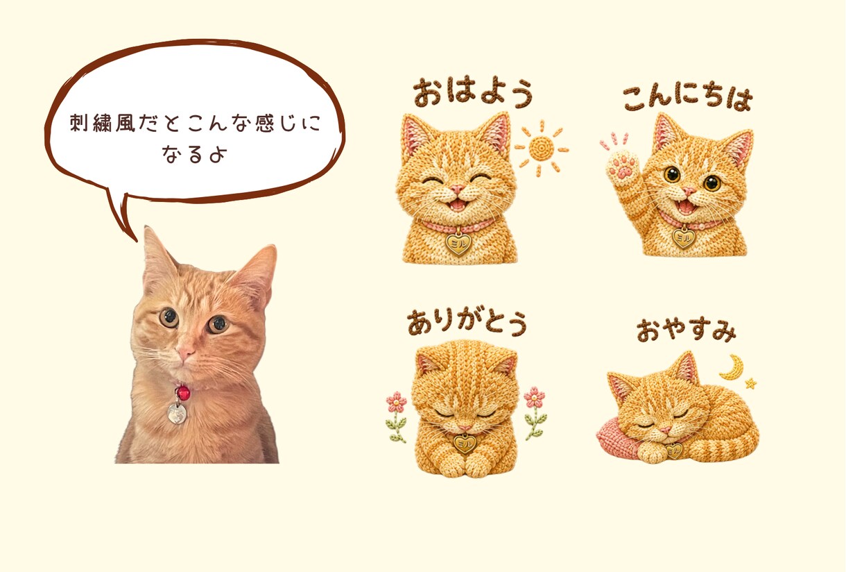 ペットの写真からかわいいLINEスタンプ作ります 水彩？刺繍風？パンチニードル風？お好きな質感を選べます イメージ6