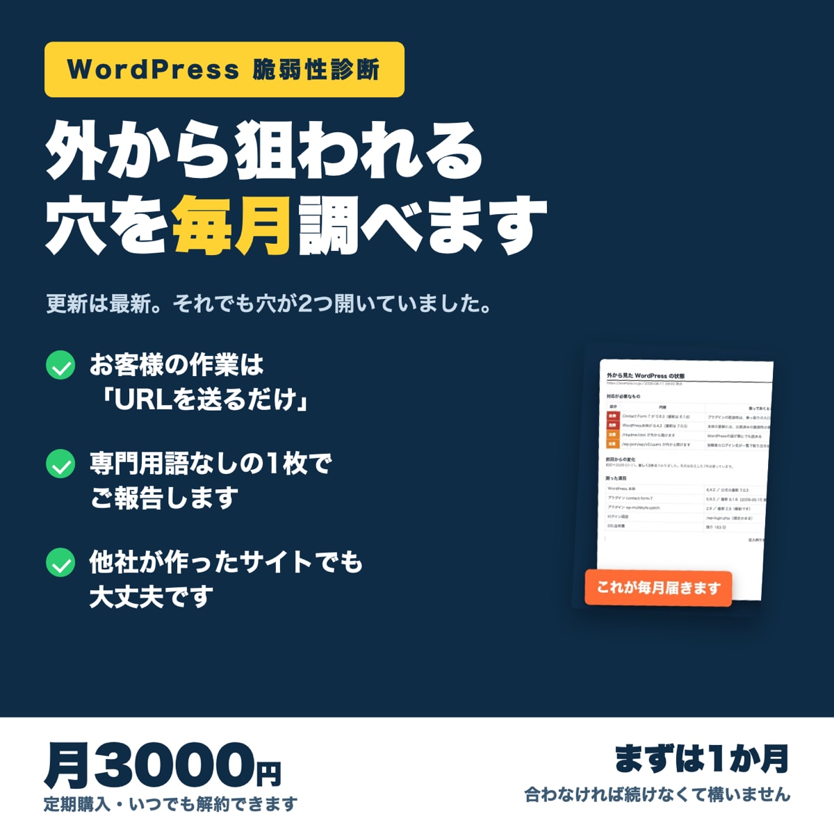 WordPressの脆弱性を毎月診断します 更新は最新。それでも穴が2つ開いていました イメージ1