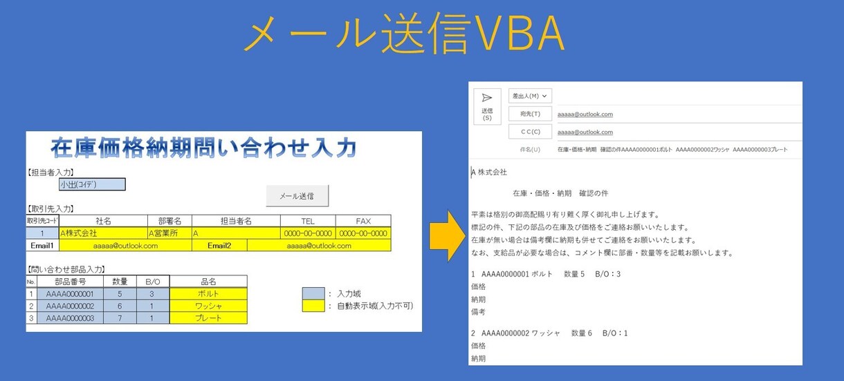 ExcelでOUTLOOKメール送れます エクセルで整理した内容がOUTLOOKで送れます。 イメージ1