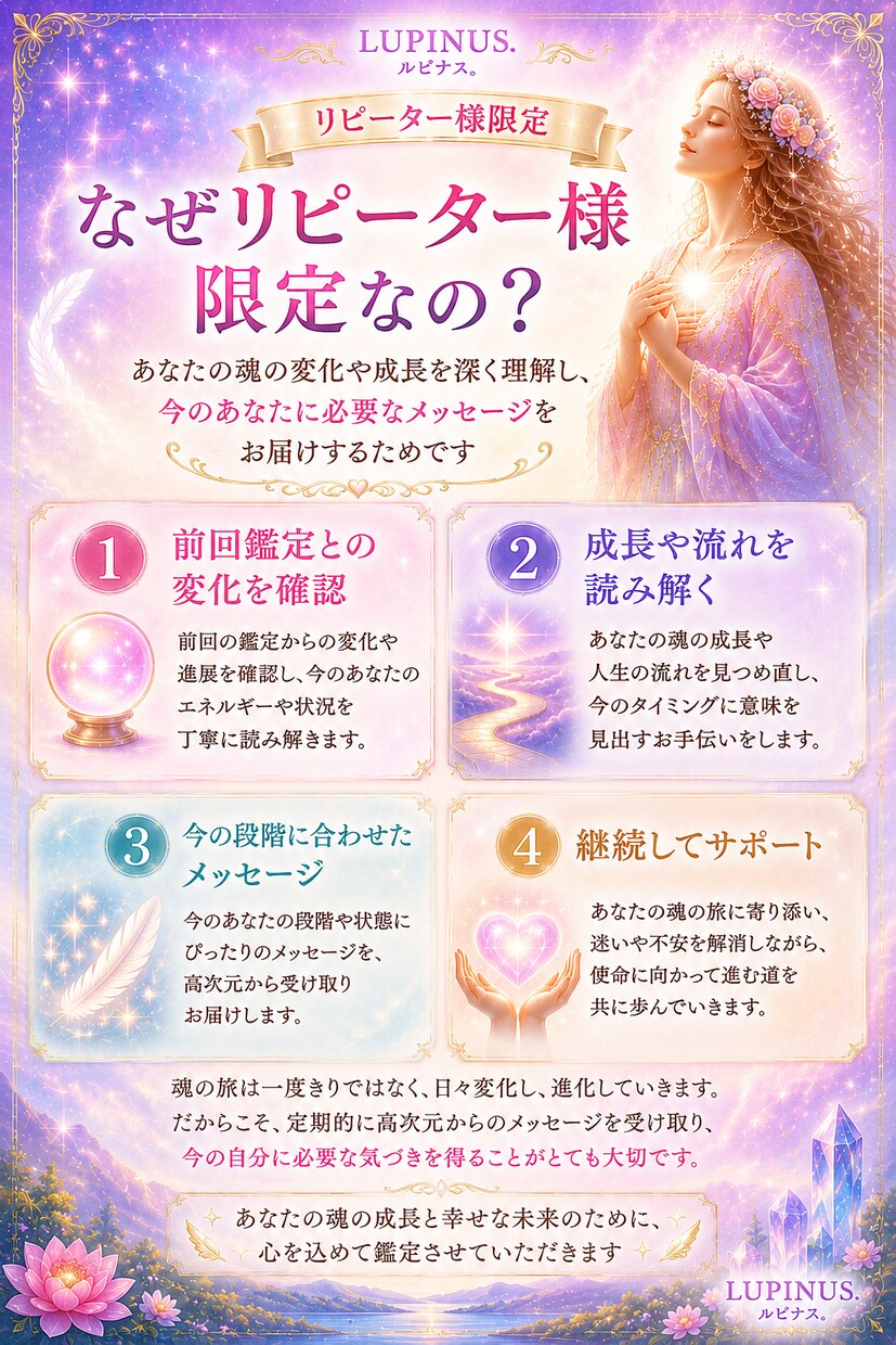 リピーター様限定 高次元からのメッセージ鑑定します 気付きのヒントとしてルピナスから補足メッセージもお届けします イメージ5