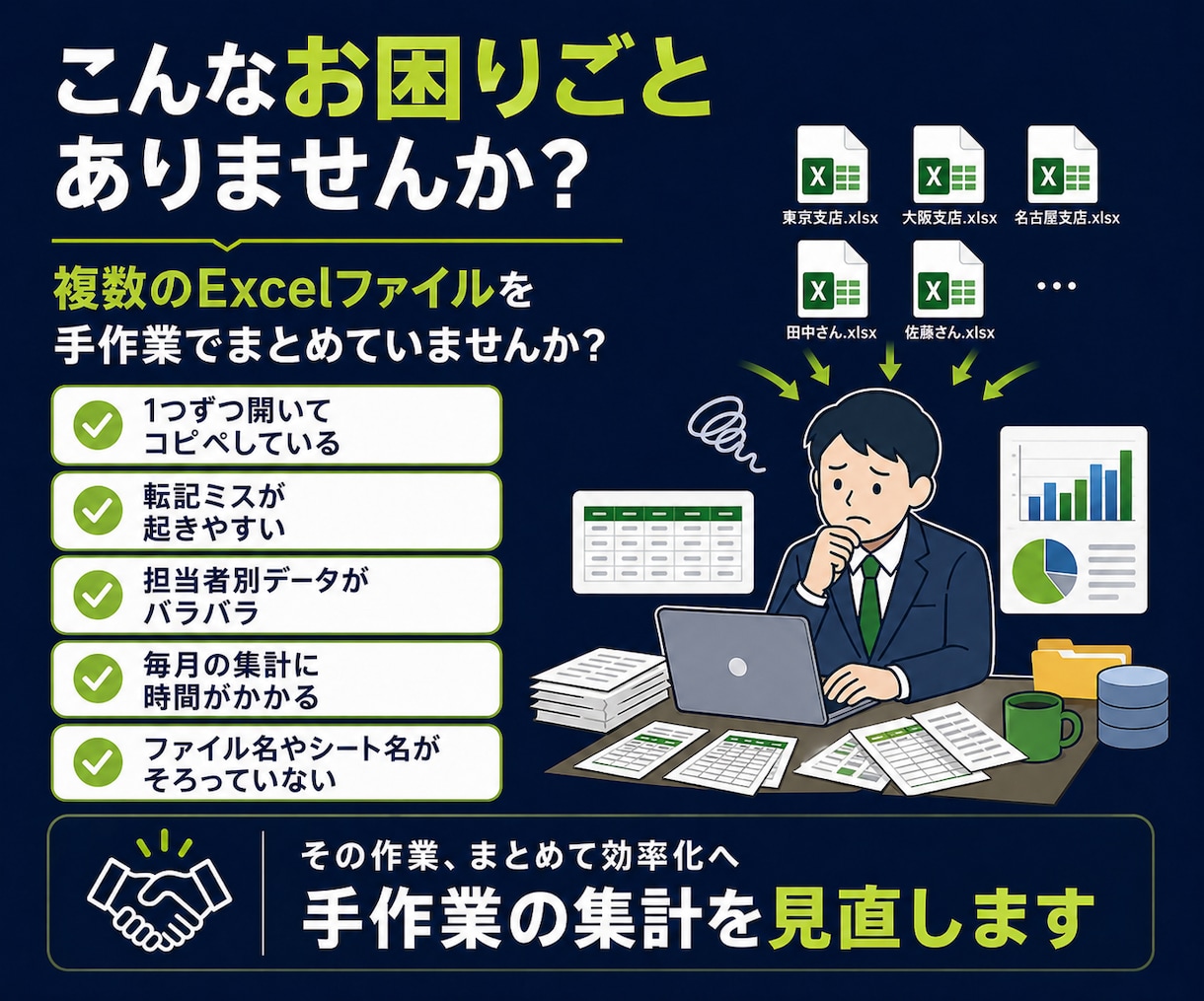 バラバラのExcel集計を1つにまとめます 毎月のコピペ集計をラクにします イメージ2