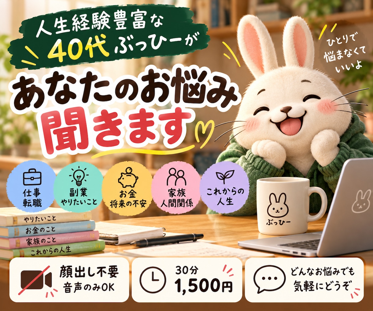 40代ぶっひーが人生の悩みを一緒に整理します 顔出し不要・音声だけで気軽に話す30分の人生作戦会議 イメージ1