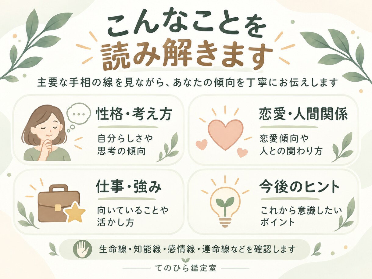 手相鑑定｜気になる1テーマを500円で読み解きます 「手相鑑定を一度試してみたい」方へ丁寧に読み解きます。 イメージ2