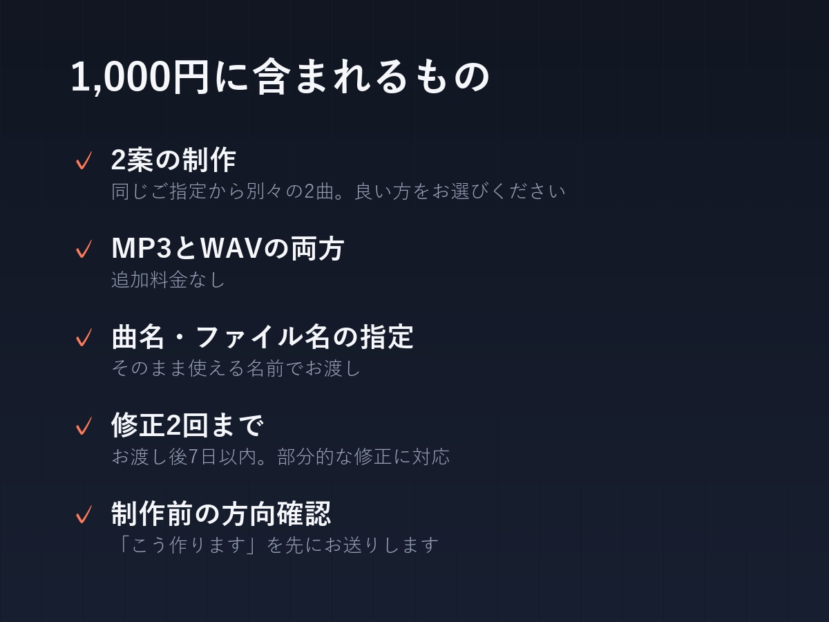 商用OKのBGM・オリジナル曲を契約不要で作ります 全45曲のサンプルをフル尺で試聴。秒数・楽器も指定可 イメージ8