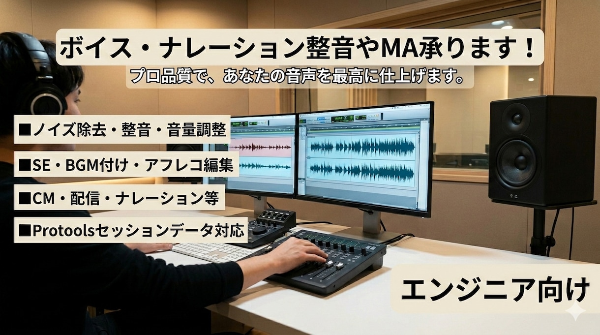ボイス・ナレーション整音やMA承ります ボイス編集・静音・SEやBG付け・ノイズ取り等 イメージ1