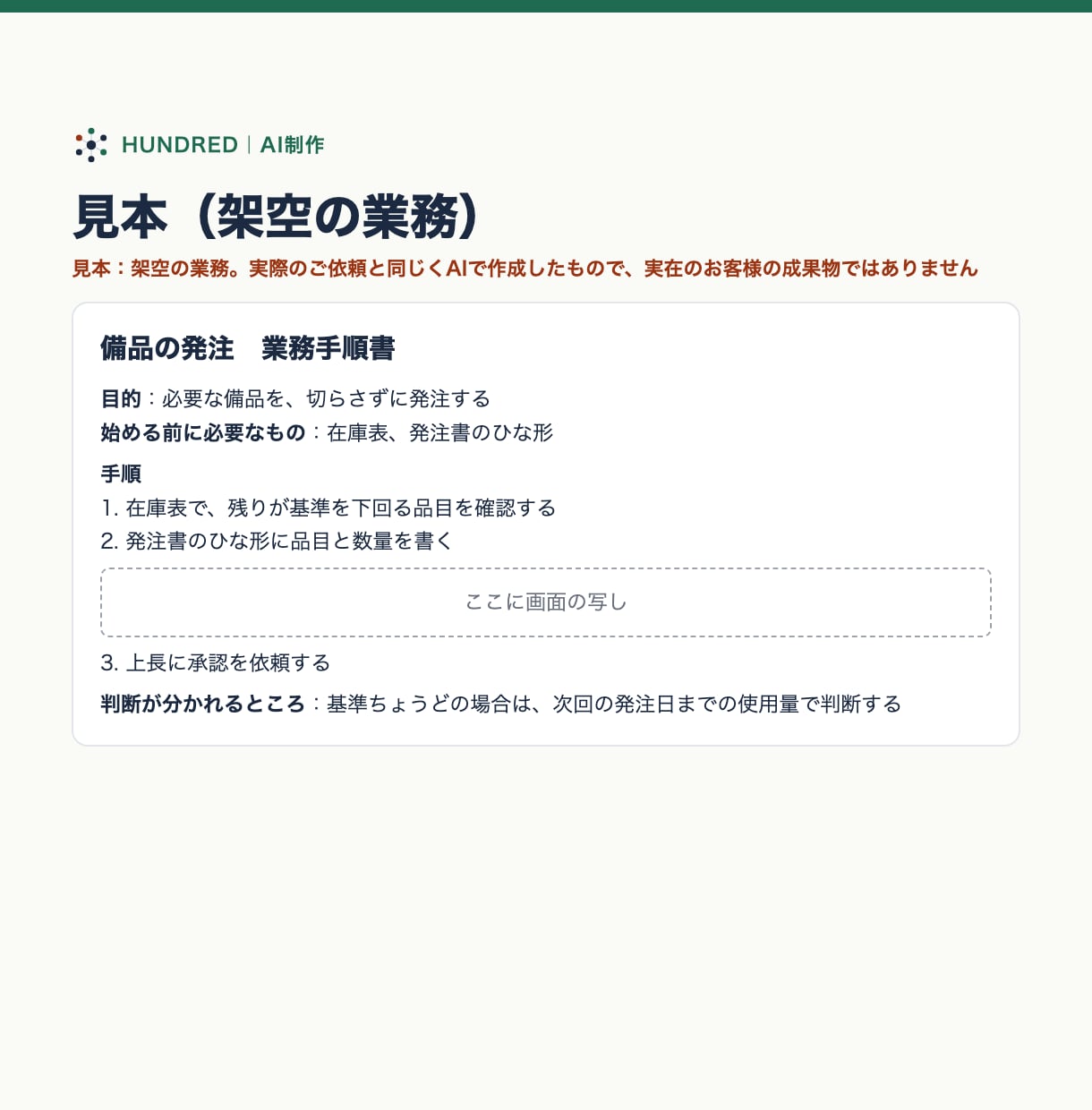 メモから業務マニュアルを1本作ります AI制作。メモや箇条書きから、手順と注意点を文書にします イメージ3