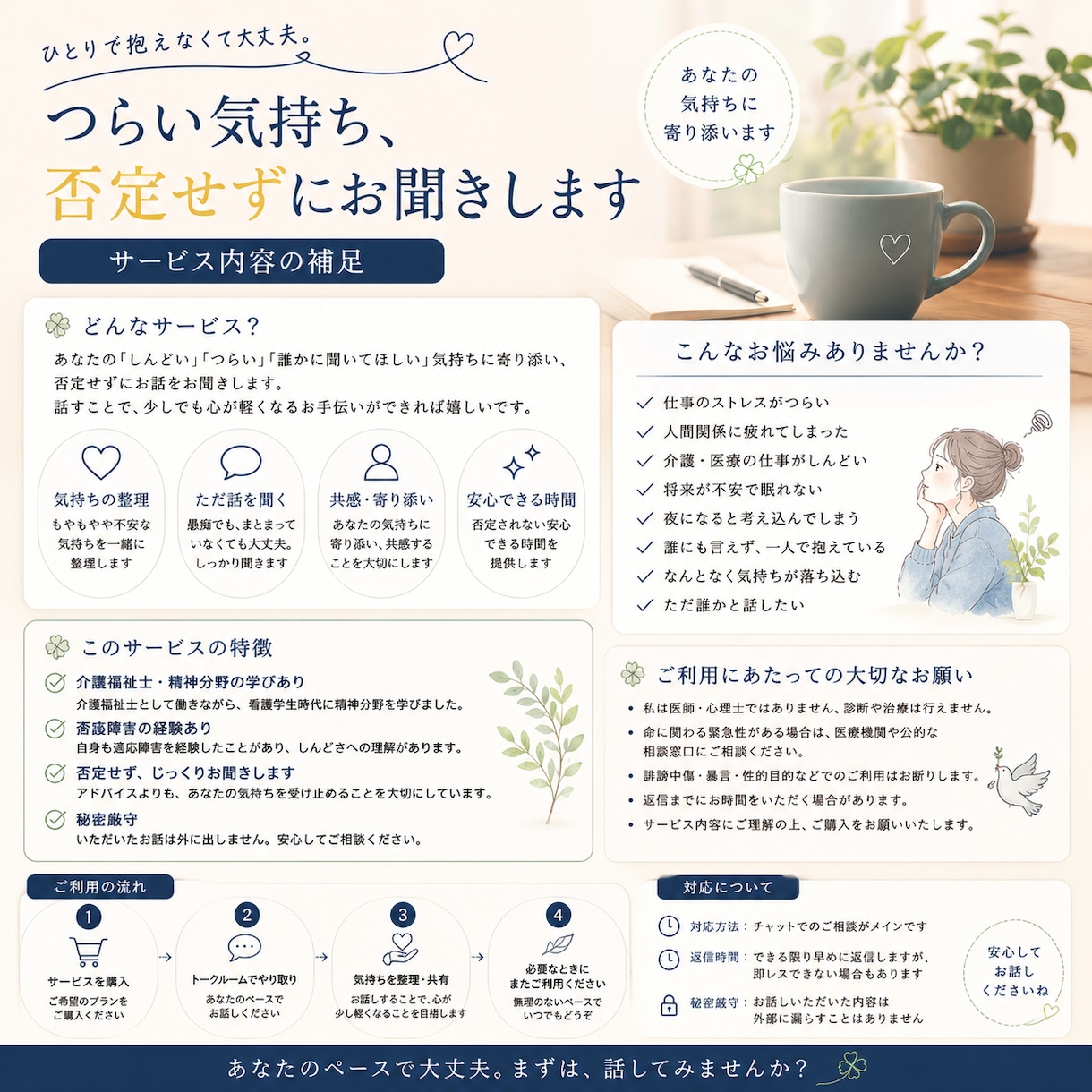 誰にも言えない悩み、否定せず聞きます あなたの気持ちを否定せずお聞きします。 イメージ2