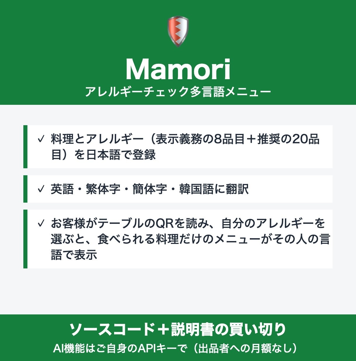 アレルギー対応メニューツールを販売します お客様が選ぶと食べられる料理だけが母国語で イメージ1