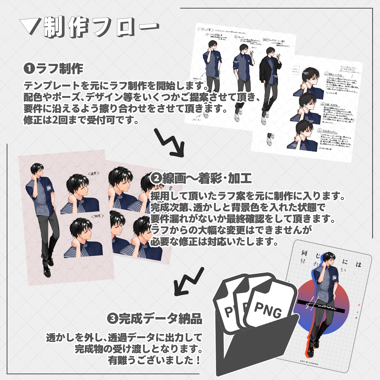 全身・差分対応の立ち絵・キャラデザインを制作します 人外や動物もOK！TRPG・配信・ゲーム向けイラスト対応 イメージ3